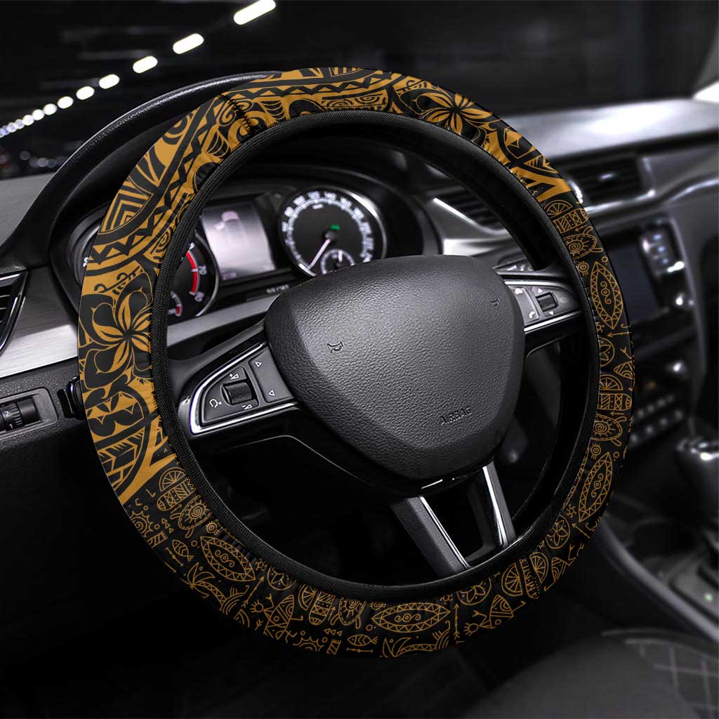 Hawaiian Turtle and Plumeria Steering Wheel Cover Polynesian Tattoo and Tribal Elements Pattern Orange Color