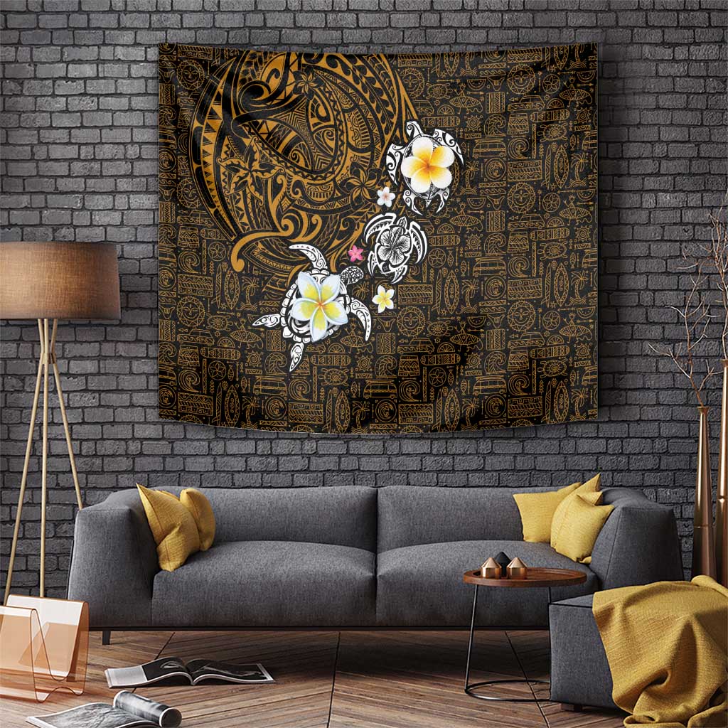Hawaiian Turtle and Plumeria Tapestry Polynesian Tattoo and Tribal Elements Pattern Orange Color LT03 - Polynesian Pride