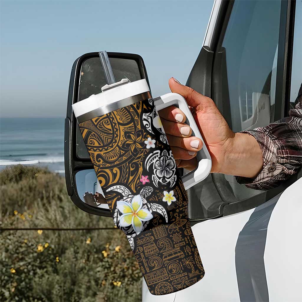 Hawaiian Turtle and Plumeria Tumbler With Handle Polynesian Tattoo and Tribal Elements Pattern Orange Color LT03 - Polynesian Pride