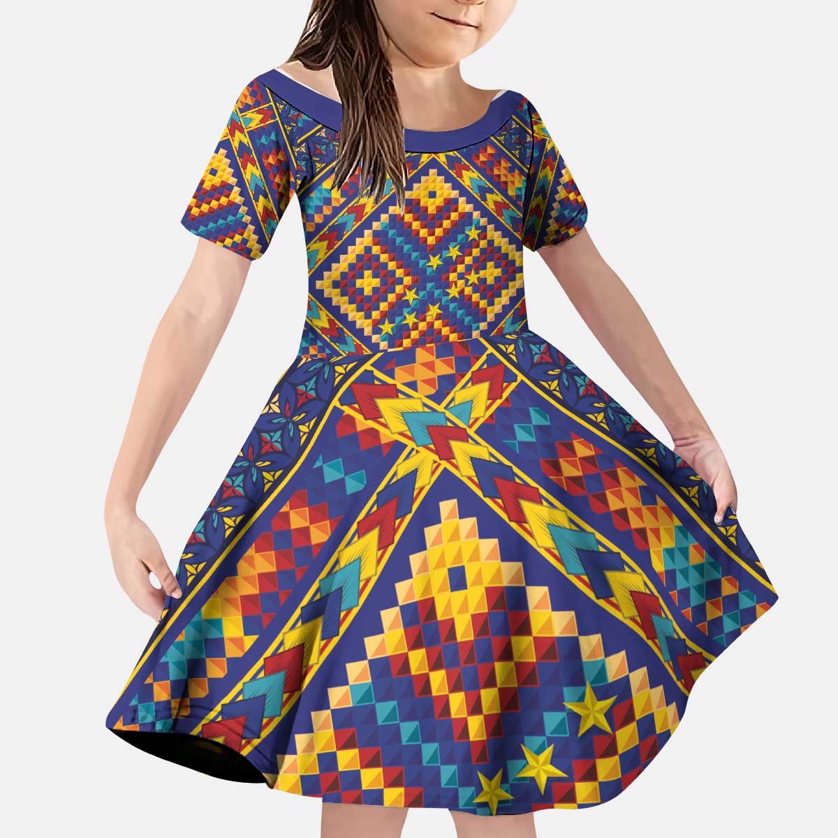 Kolose-Tuvalu Crochet Kid Short Sleeve Dress with Polynesian and Pacific Tattoos LT03 KID Navy - Polynesian Pride