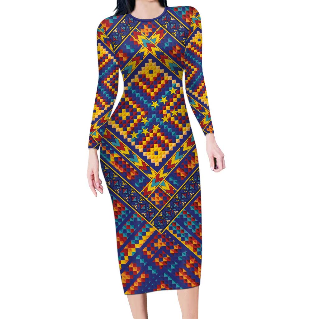 Kolose-Tuvalu Crochet Long Sleeve Bodycon Dress with Polynesian and Pacific Tattoos LT03 Long Dress Navy - Polynesian Pride