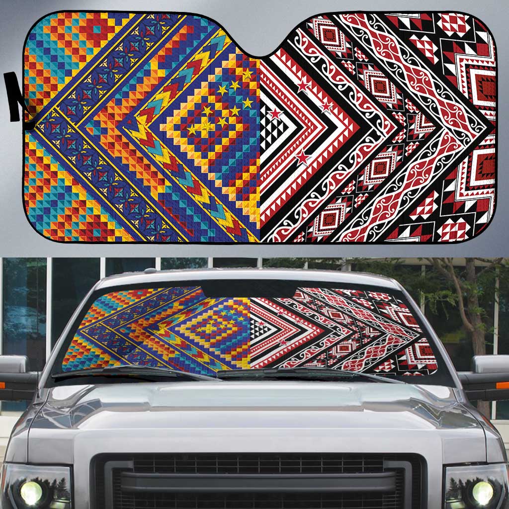 Tuvaluan and New Zealand Culture Auto Sun Shade The Art of Kolose and Taniko LT03 Navy - Polynesian Pride
