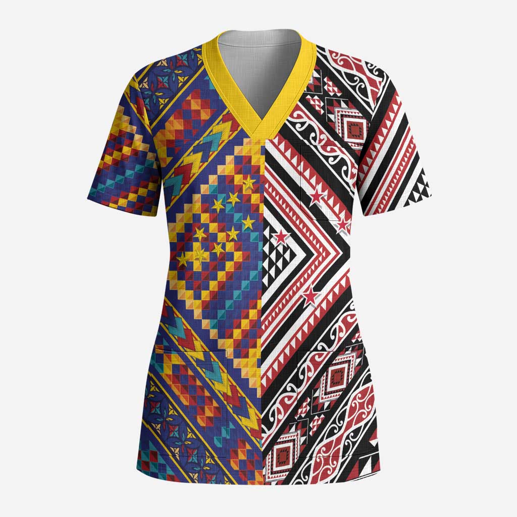 Tuvaluan and New Zealand Culture Scrub Top The Art of Kolose and Taniko LT03 Adult Navy - Polynesian Pride