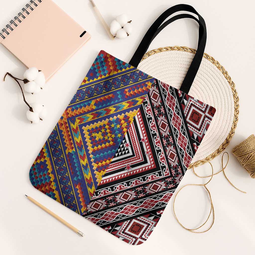Tuvaluan and New Zealand Culture Tote Bag The Art of Kolose and Taniko LT03 Black Strap One Size Navy - Polynesian Pride