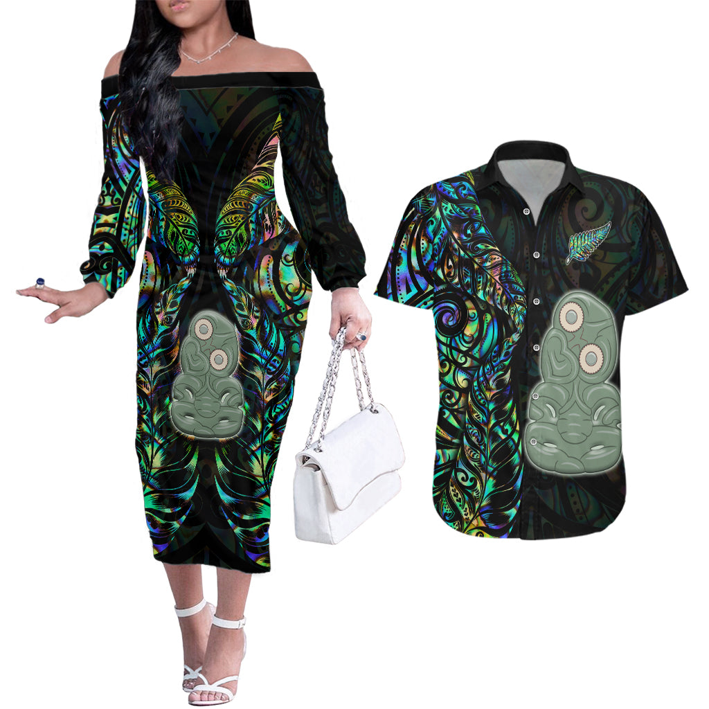 New Zealand Couples Matching Off The Shoulder Long Sleeve Dress and Hawaiian Shirt Silver Fern and Hei Tiki with Papua Shell Maori Tribal LT03 Black - Polynesian Pride