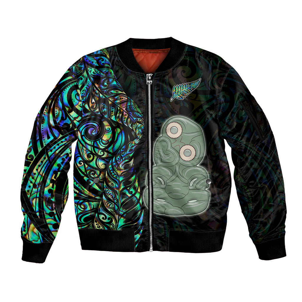 New Zealand Sleeve Zip Bomber Jacket Silver Fern and Hei Tiki with Papua Shell Maori Tribal LT03 Unisex Black - Polynesian Pride