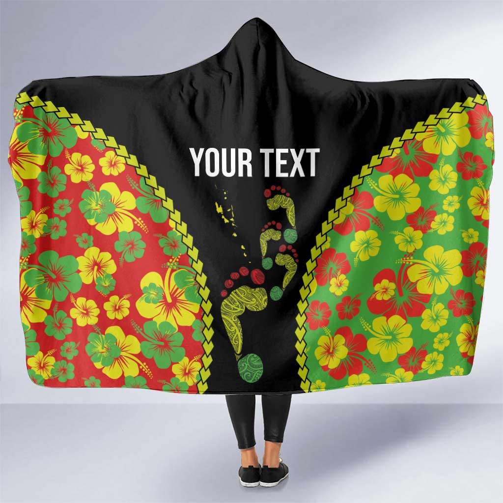 Personalised Vanuatu Running Hooded Blanket Footprint and Hibiscus Polynesian Style LT03 One Size Black - Polynesian Pride