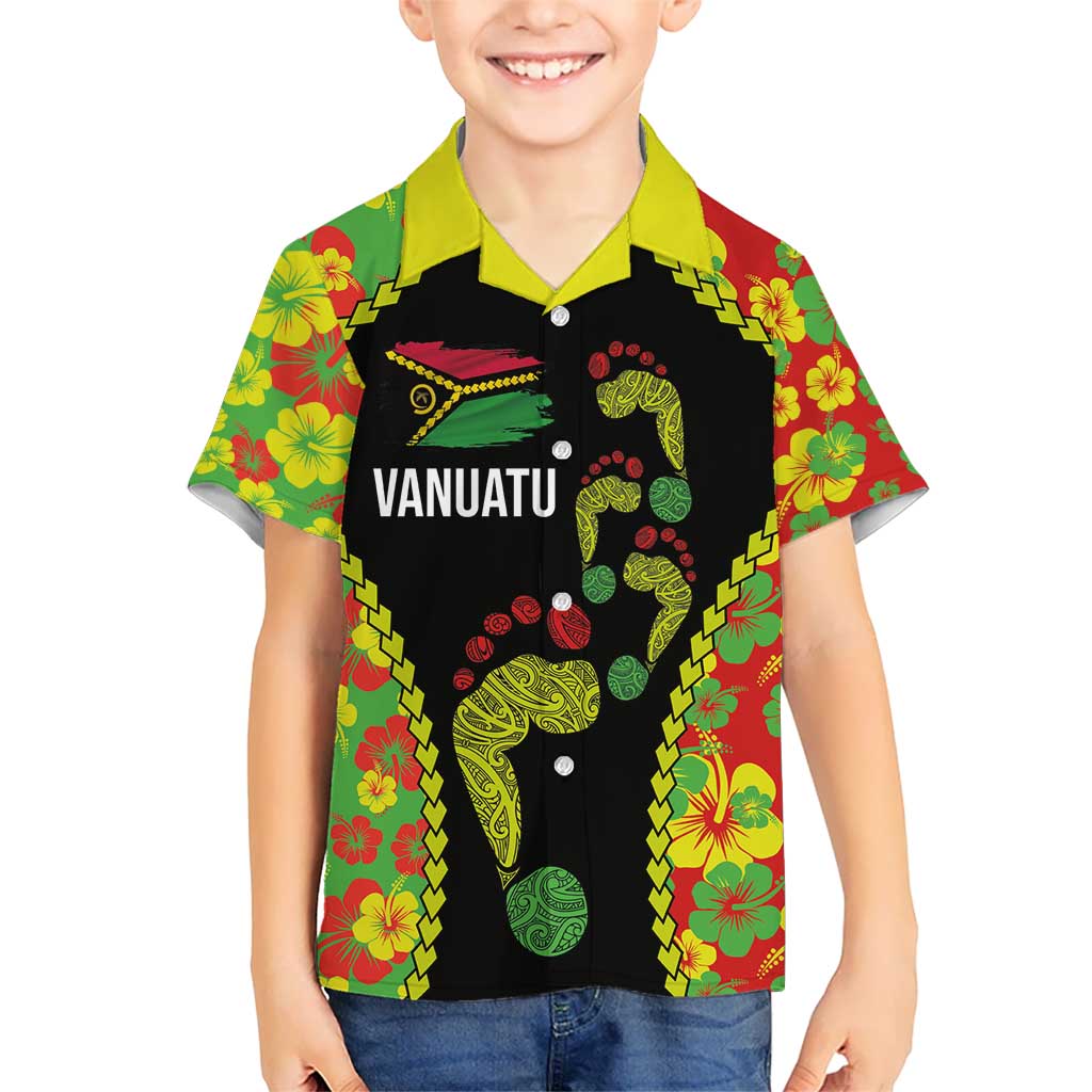 Personalised Vanuatu Running Kid Hawaiian Shirt Footprint and Hibiscus Polynesian Style LT03 Kid Black - Polynesian Pride