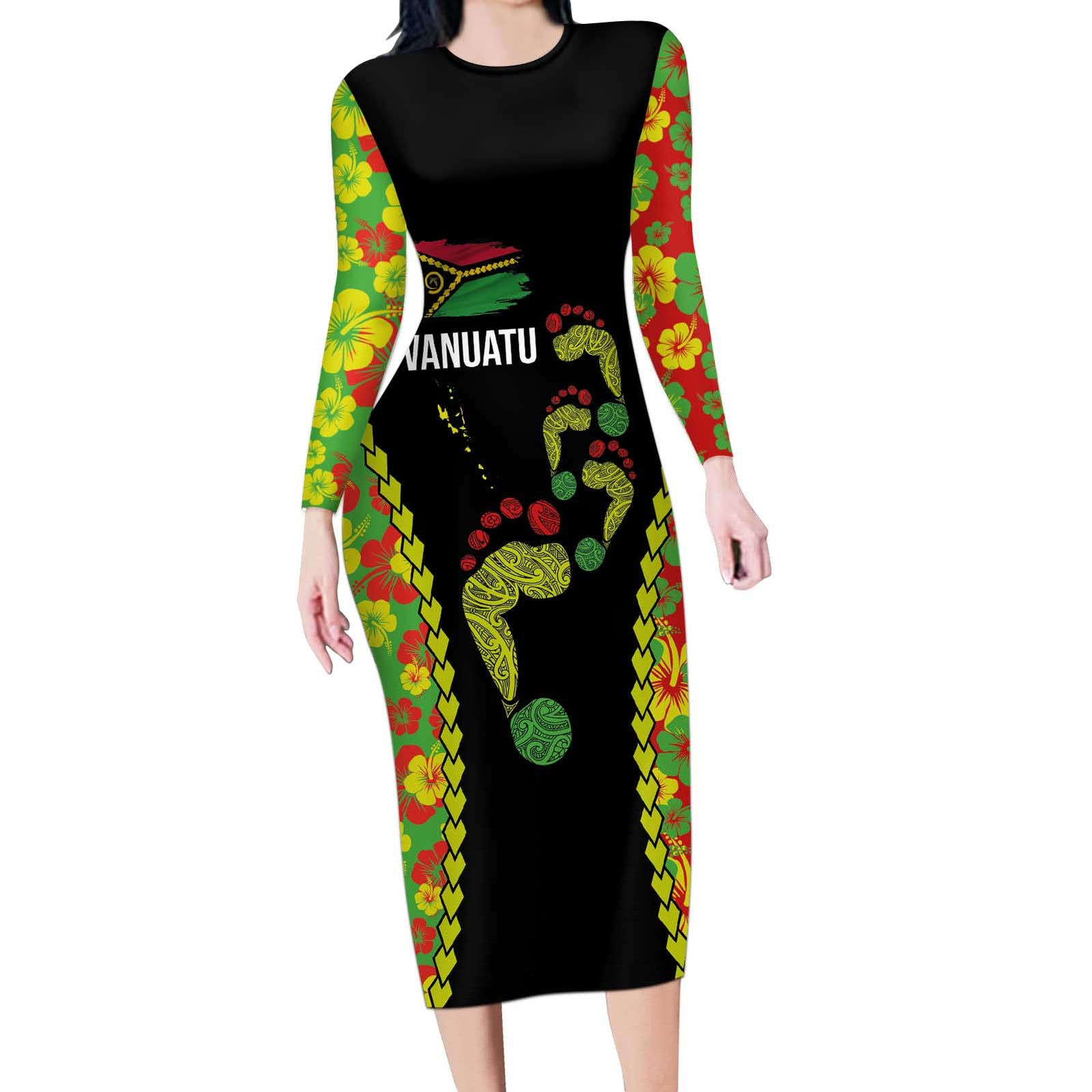 Personalised Vanuatu Running Long Sleeve Bodycon Dress Footprint and Hibiscus Polynesian Style LT03 Long Dress Black - Polynesian Pride