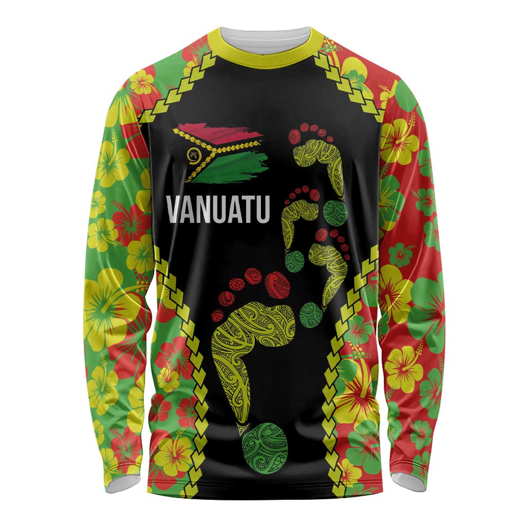 Personalised Vanuatu Running Long Sleeve Shirt Footprint and Hibiscus Polynesian Style LT03 Unisex Black - Polynesian Pride