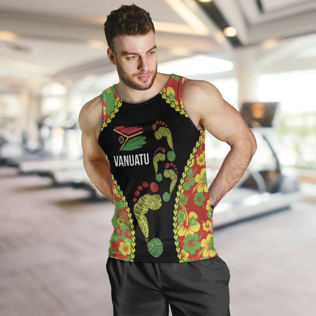 Personalised Vanuatu Running Men Tank Top Footprint and Hibiscus Polynesian Style LT03 Black - Polynesian Pride