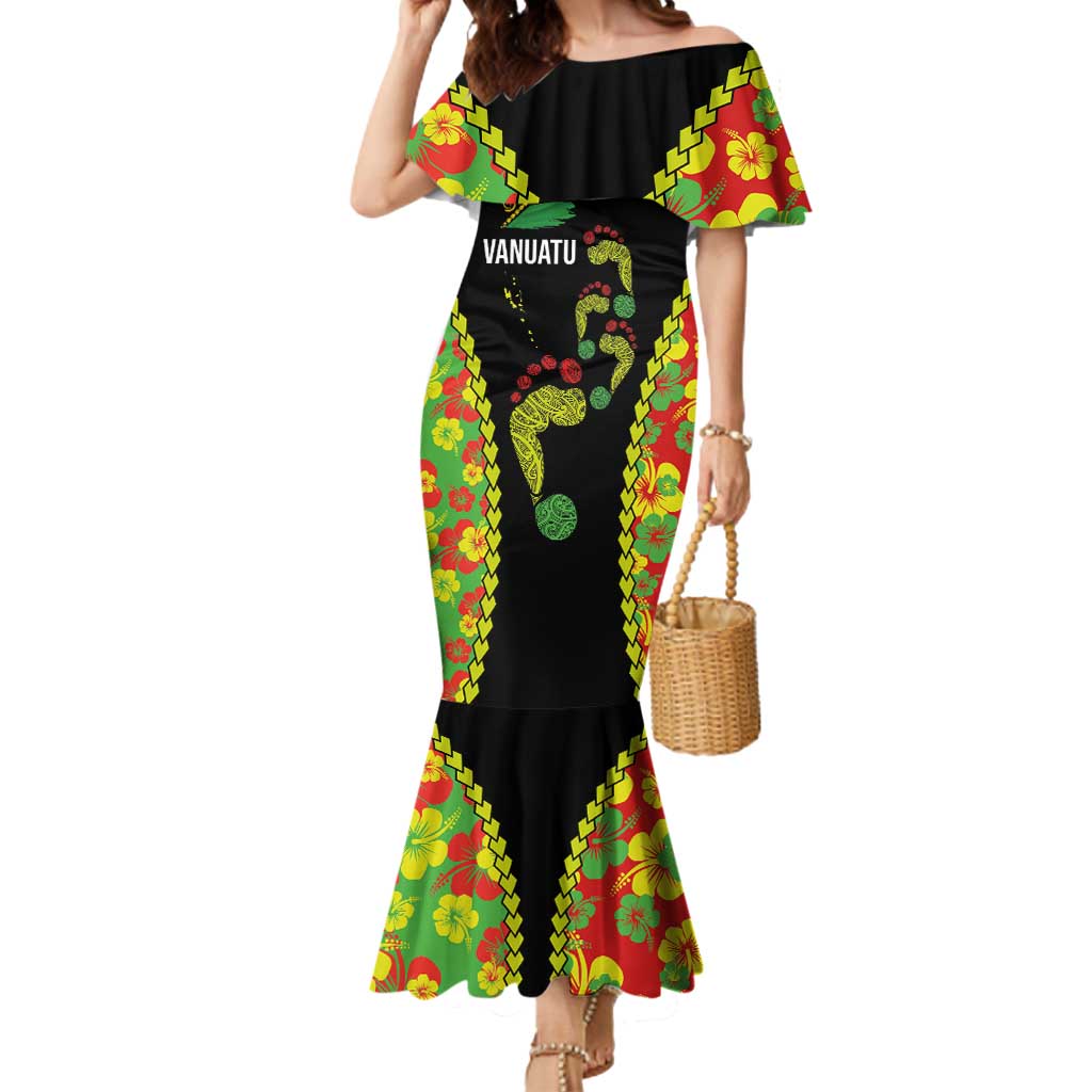 Personalised Vanuatu Running Mermaid Dress Footprint and Hibiscus Polynesian Style LT03 Women Black - Polynesian Pride