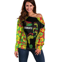Personalised Vanuatu Running Off Shoulder Sweater Footprint and Hibiscus Polynesian Style LT03 Women Black - Polynesian Pride