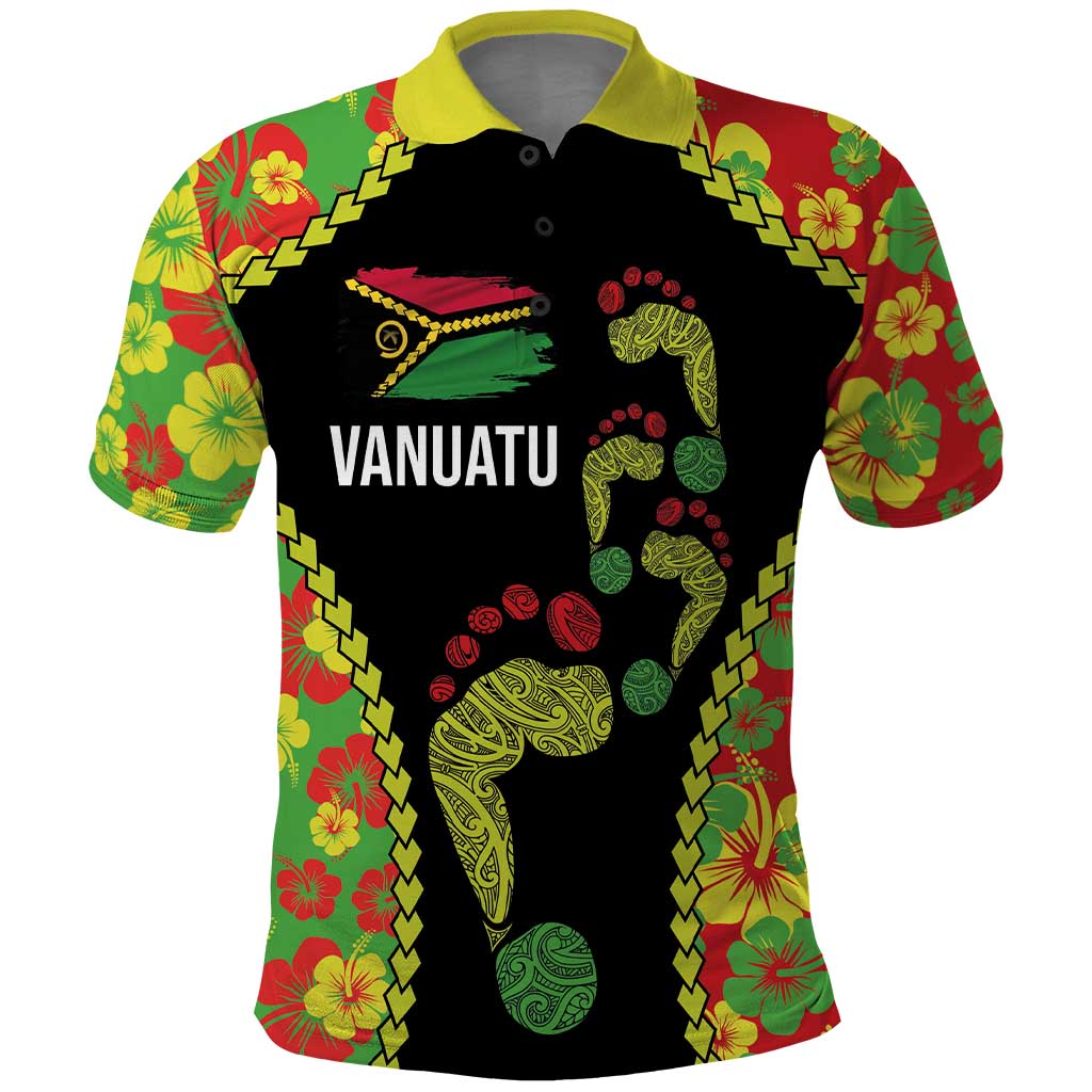 Personalised Vanuatu Running Polo Shirt Footprint and Hibiscus Polynesian Style LT03 Black - Polynesian Pride