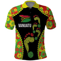 Personalised Vanuatu Running Polo Shirt Footprint and Hibiscus Polynesian Style LT03 Black - Polynesian Pride