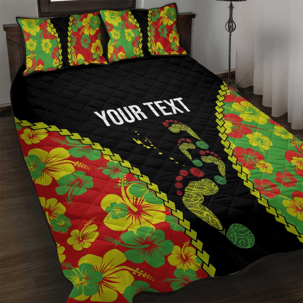 Personalised Vanuatu Running Quilt Bed Set Footprint and Hibiscus Polynesian Style LT03 Black - Polynesian Pride