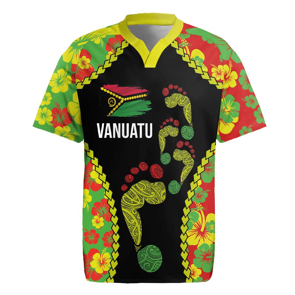 Personalised Vanuatu Running Rugby Jersey Footprint and Hibiscus Polynesian Style LT03 Black - Polynesian Pride