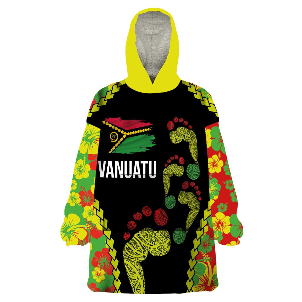 Personalised Vanuatu Running Wearable Blanket Hoodie Footprint and Hibiscus Polynesian Style LT03 One Size Black - Polynesian Pride
