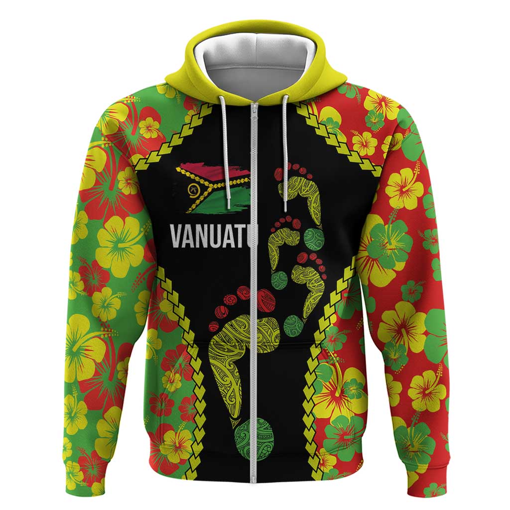 Personalised Vanuatu Running Zip Hoodie Footprint and Hibiscus Polynesian Style LT03 Zip Hoodie Black - Polynesian Pride