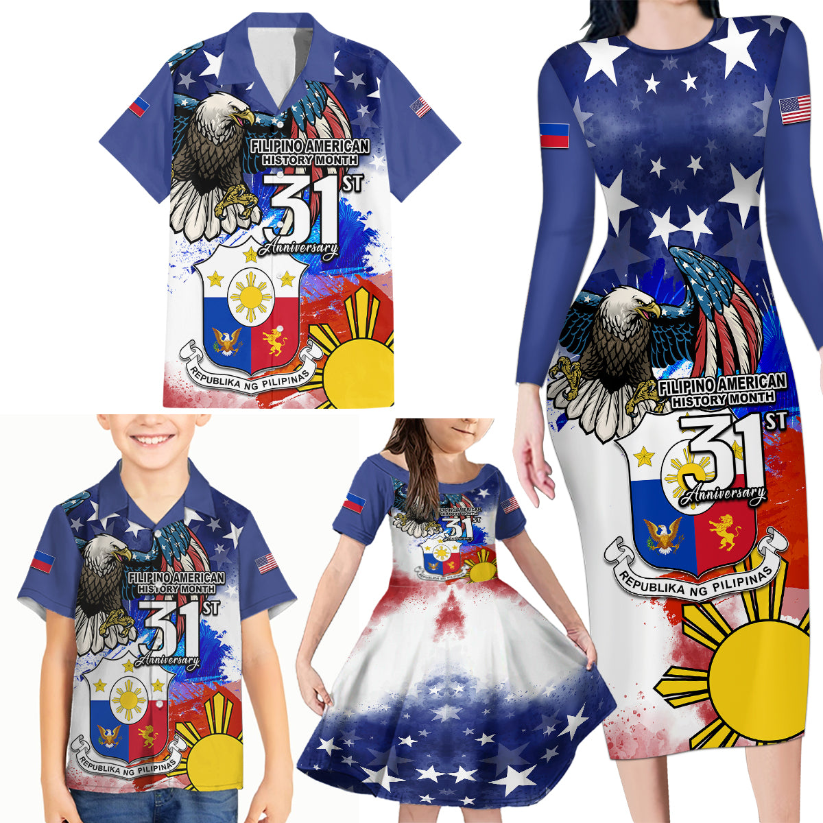 Filipino American History Month Family Matching Long Sleeve Bodycon Dress and Hawaiian Shirt Filipino Coat Of Arms and American Eagle Splash Style LT03 - Polynesian Pride