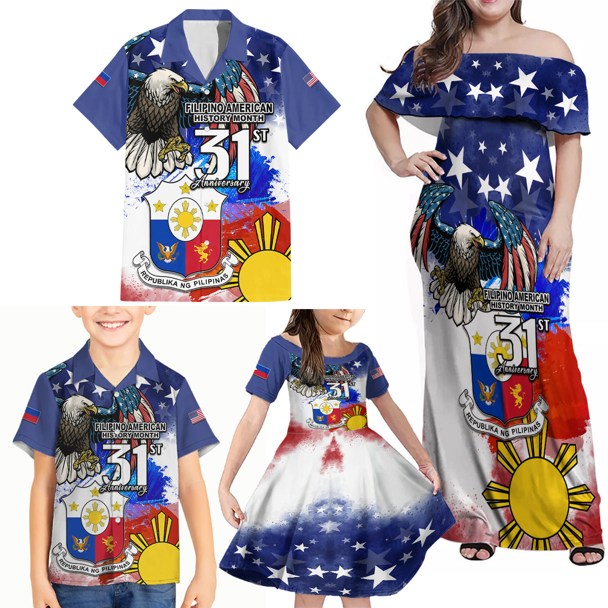 Filipino American History Month Family Matching Off Shoulder Maxi Dress and Hawaiian Shirt Filipino Coat Of Arms and American Eagle Splash Style LT03 - Polynesian Pride