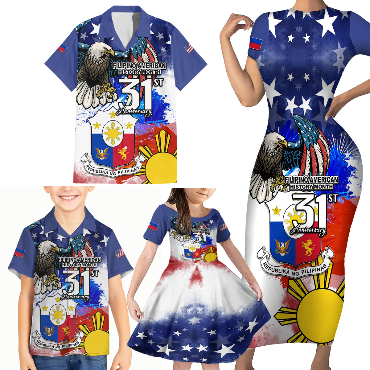 Filipino American History Month Family Matching Short Sleeve Bodycon Dress and Hawaiian Shirt Filipino Coat Of Arms and American Eagle Splash Style LT03 - Polynesian Pride