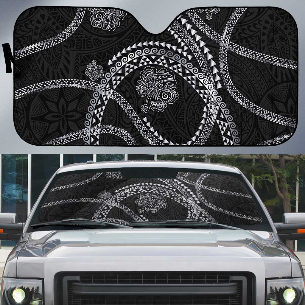 Hawaiian Kakau Art and Hisbiscus Tattoo Auto Sun Shade Tribal Pattern-Silver Style LT03 Black - Polynesian Pride