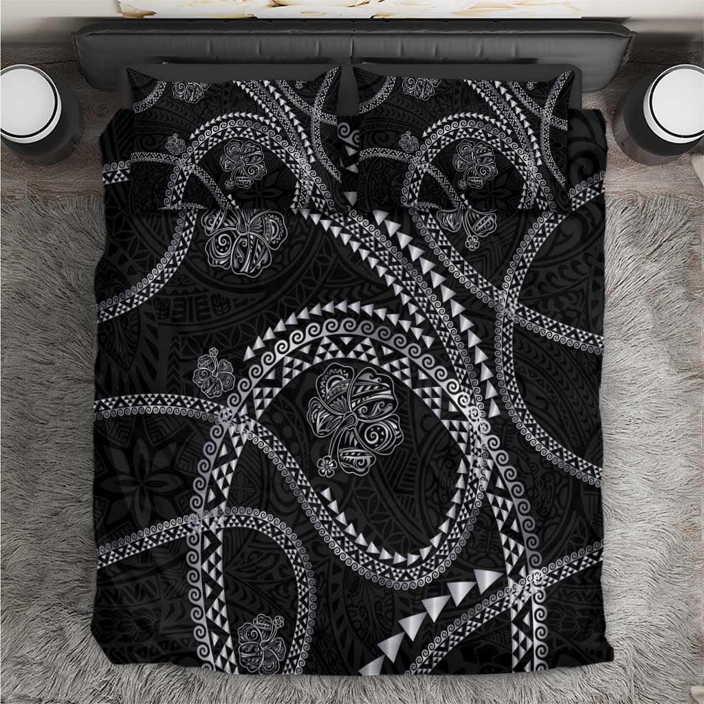 Hawaiian Kakau Art and Hisbiscus Tattoo Bedding Set Tribal Pattern-Silver Style LT03 Black - Polynesian Pride