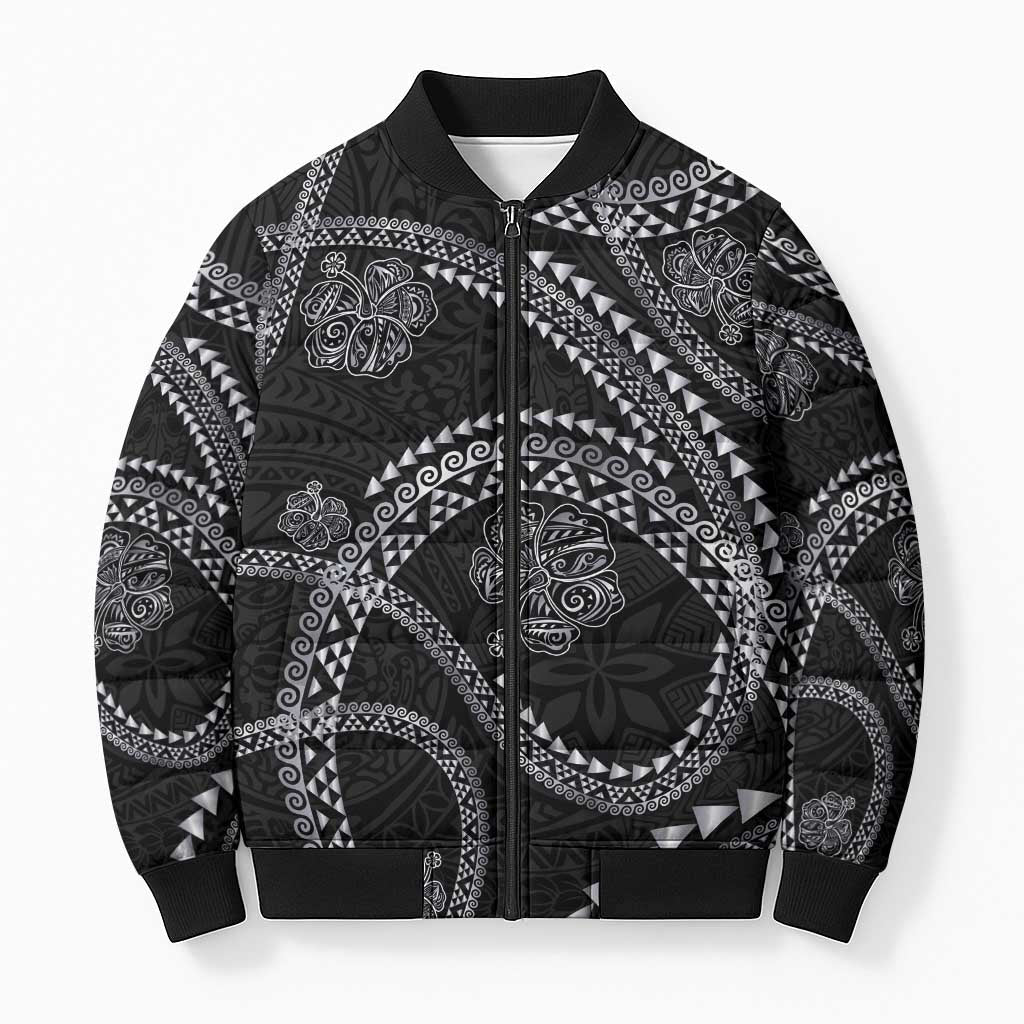 Hawaiian Kakau Art and Hisbiscus Tattoo Bomber Puffer Jacket Tribal Pattern-Silver Style LT03 Unisex Black - Polynesian Pride