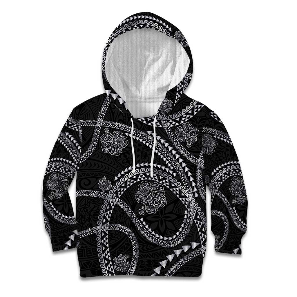 Hawaiian Kakau Art and Hibiscus Tattoo Kid Hoodie Tribal Pattern-Silver Style LT03 Hoodie Black - Polynesian Pride