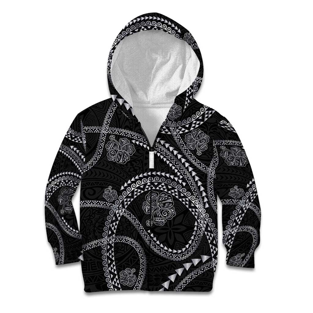 Hawaiian Kakau Art and Hibiscus Tattoo Kid Hoodie Tribal Pattern-Silver Style LT03 Zip Hoodie Black - Polynesian Pride