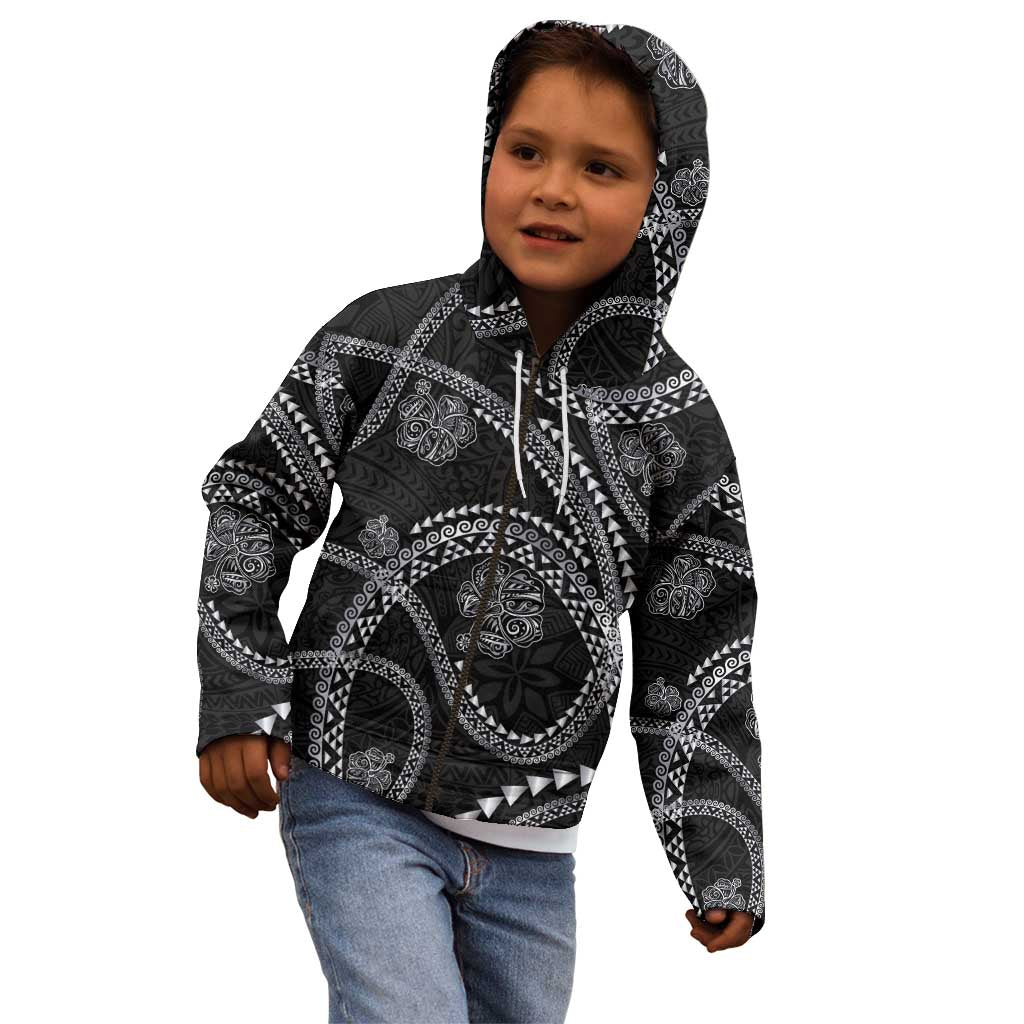 Hawaiian Kakau Art and Hibiscus Tattoo Kid Hoodie Tribal Pattern-Silver Style LT03 - Polynesian Pride