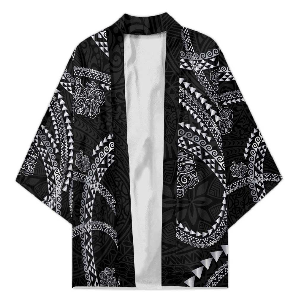 Hawaiian Kakau Art and Hisbiscus Tattoo Kimono Tribal Pattern-Silver Style LT03 Unisex Black - Polynesian Pride