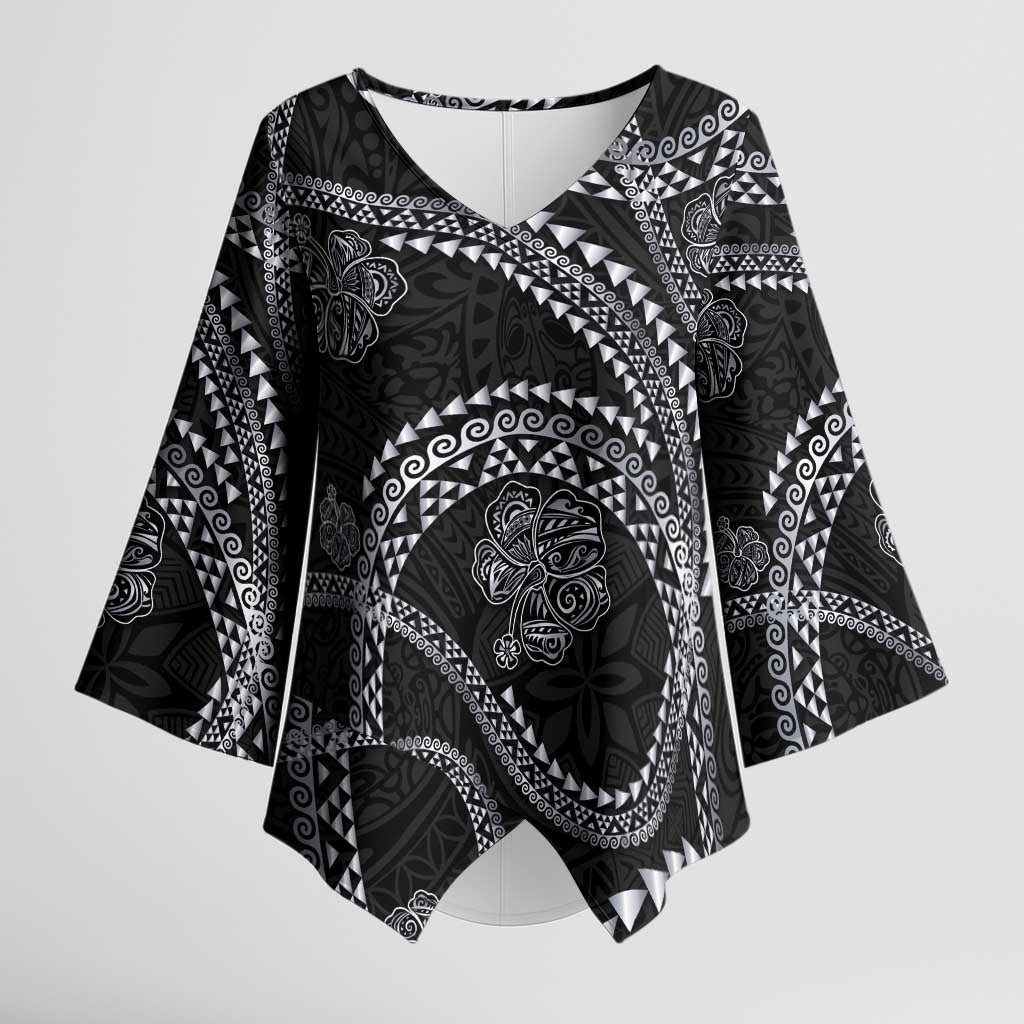 Hawaiian Kakau Art and Hibiscus Tattoo Kimono Sleeve Blouse Tribal Pattern-Silver Style LT03 Female Black - Polynesian Pride