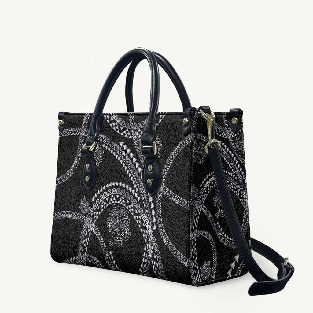 Hawaiian Kakau Art and Hibiscus Tattoo Leather Bag Tribal Pattern-Silver Style LT03 Black - Polynesian Pride
