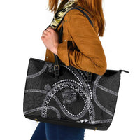 Hawaiian Kakau Art and Hisbiscus Tattoo Leather Tote Bag Tribal Pattern-Silver Style LT03 Black - Polynesian Pride