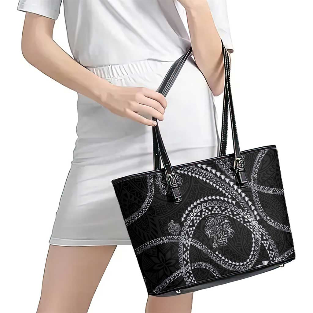 Hawaiian Kakau Art and Hisbiscus Tattoo Leather Tote Bag Tribal Pattern-Silver Style LT03 - Polynesian Pride