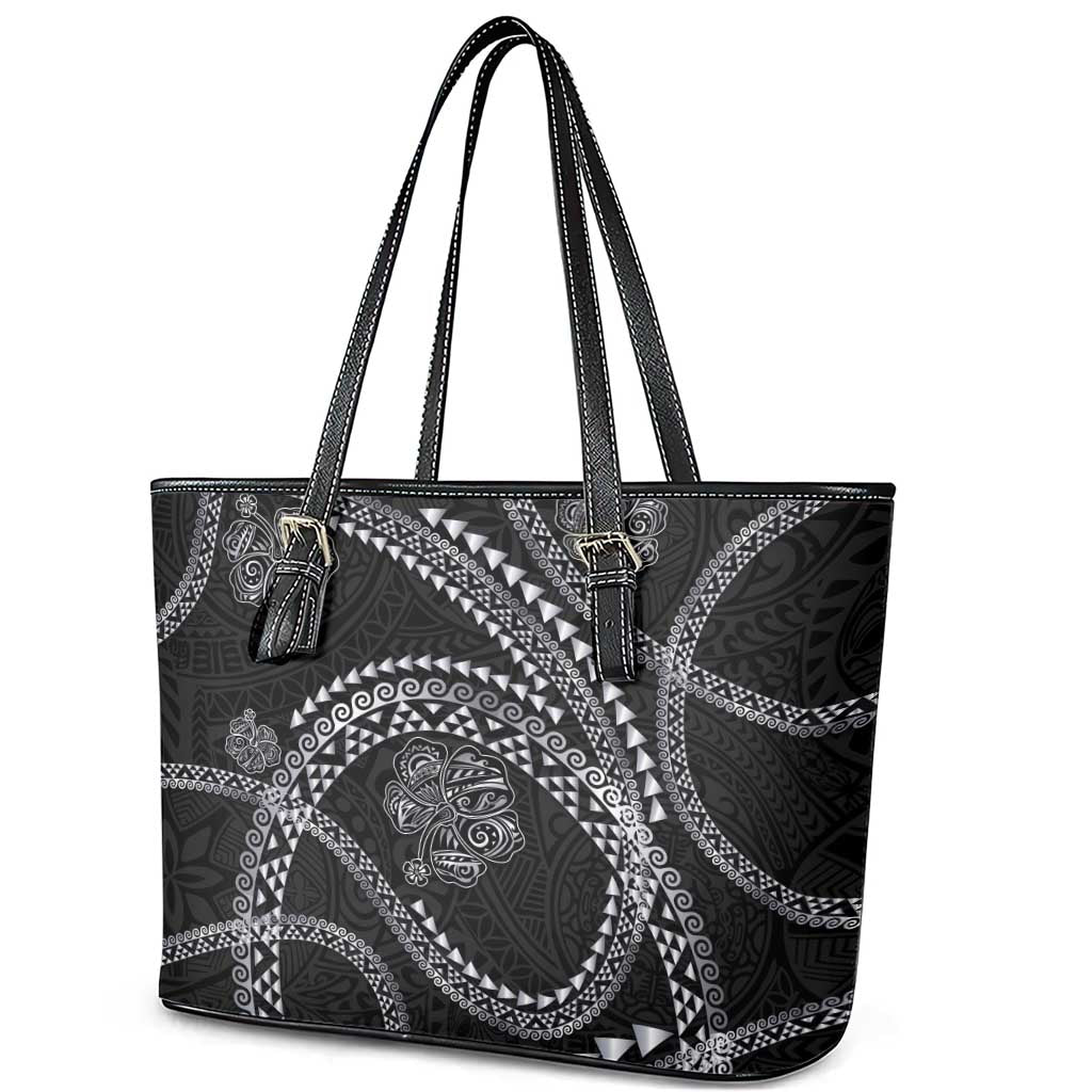 Hawaiian Kakau Art and Hisbiscus Tattoo Leather Tote Bag Tribal Pattern-Silver Style LT03 - Polynesian Pride