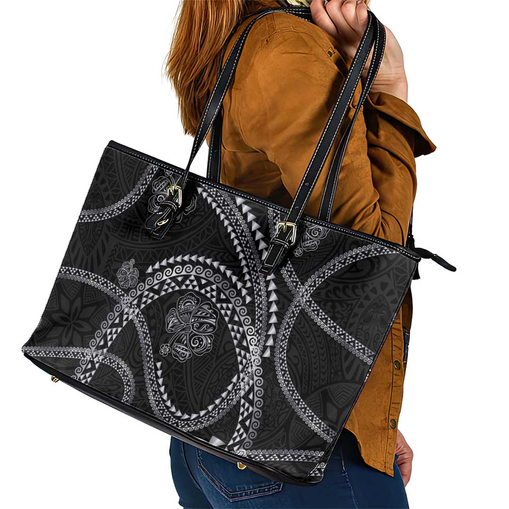 Hawaiian Kakau Art and Hisbiscus Tattoo Leather Tote Bag Tribal Pattern-Silver Style LT03 - Polynesian Pride