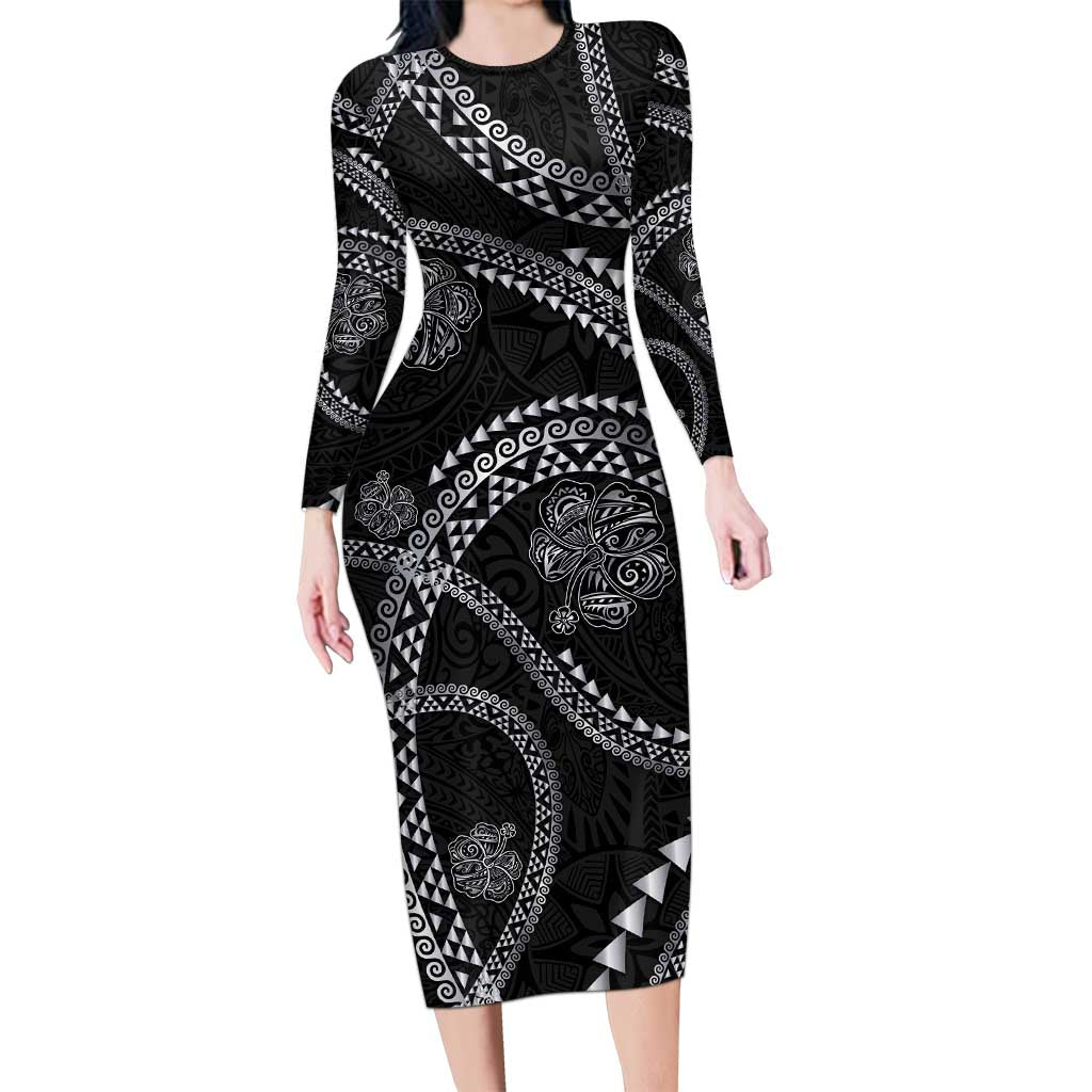 Hawaiian Kakau Art and Hisbiscus Tattoo Long Sleeve Bodycon Dress Tribal Pattern-Silver Style LT03 Long Dress Black - Polynesian Pride