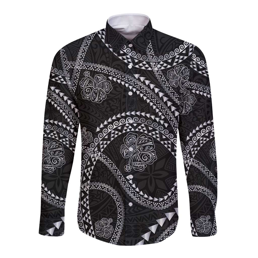 Hawaiian Kakau Art and Hisbiscus Tattoo Long Sleeve Button Shirt Tribal Pattern-Silver Style LT03 Unisex Black - Polynesian Pride