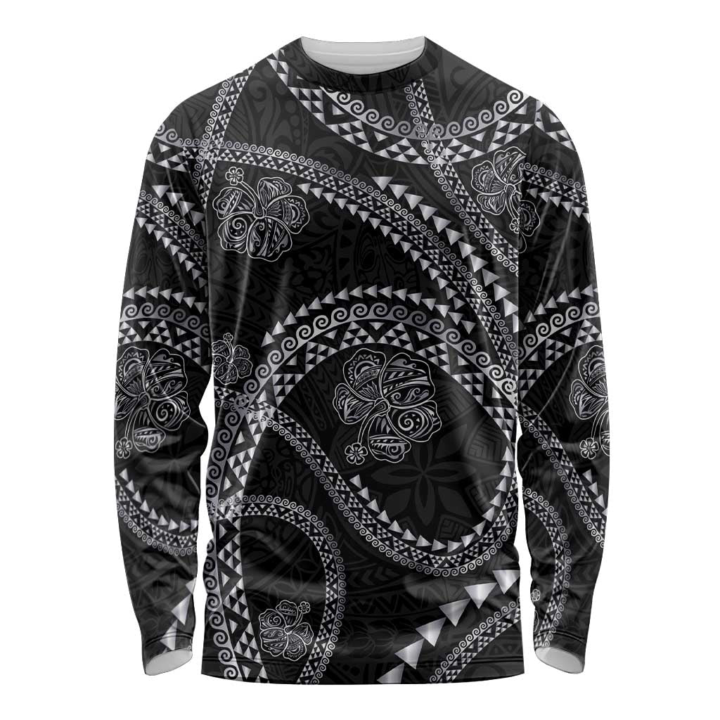 Hawaiian Kakau Art and Hibiscus Tattoo Long Sleeve Shirt Tribal Pattern-Silver Style LT03 Unisex Black - Polynesian Pride