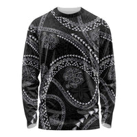 Hawaiian Kakau Art and Hibiscus Tattoo Long Sleeve Shirt Tribal Pattern-Silver Style LT03 Unisex Black - Polynesian Pride