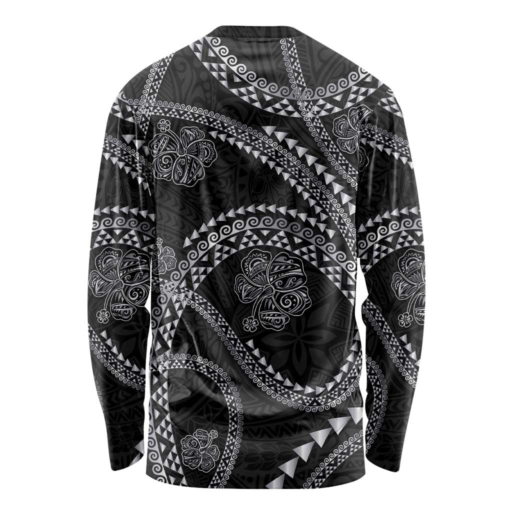 Hawaiian Kakau Art and Hibiscus Tattoo Long Sleeve Shirt Tribal Pattern-Silver Style LT03 - Polynesian Pride