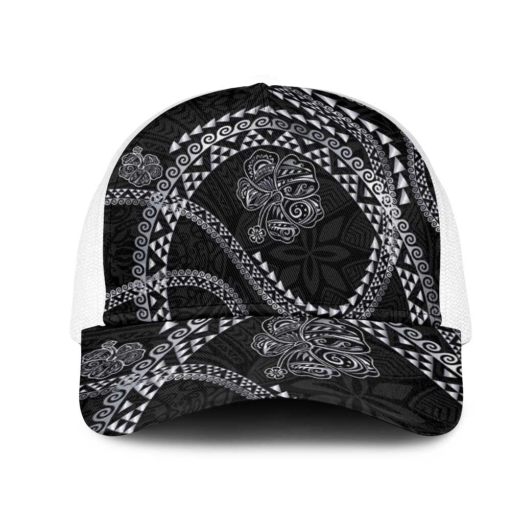 Hawaiian Kakau Art and Hisbiscus Tattoo Mesh Trucker Cap Tribal Pattern-Silver Style LT03 One Size White Black - Polynesian Pride