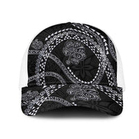 Hawaiian Kakau Art and Hisbiscus Tattoo Mesh Trucker Cap Tribal Pattern-Silver Style LT03 One Size White Black - Polynesian Pride