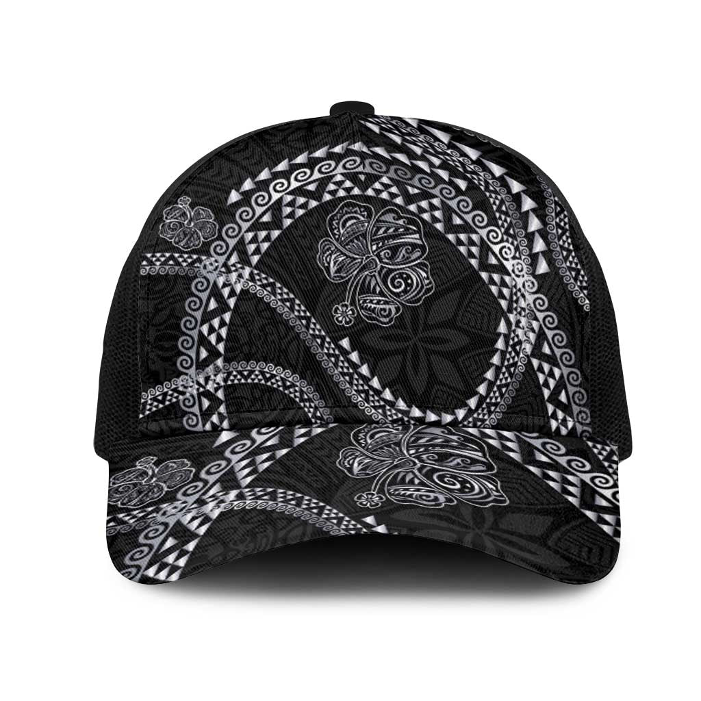 Hawaiian Kakau Art and Hisbiscus Tattoo Mesh Trucker Cap Tribal Pattern-Silver Style LT03 One Size Black Black - Polynesian Pride