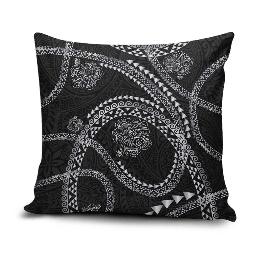 Hawaiian Kakau Art and Hisbiscus Tattoo Pillow Cover Tribal Pattern-Silver Style LT03 Black - Polynesian Pride
