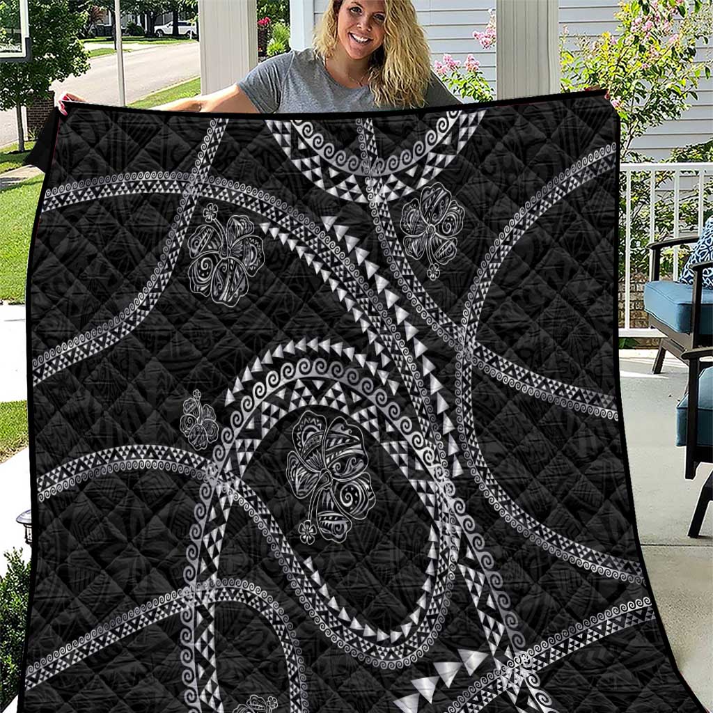 Hawaiian Kakau Art and Hibiscus Tattoo Quilt Tribal Pattern-Silver Style LT03 Black - Polynesian Pride