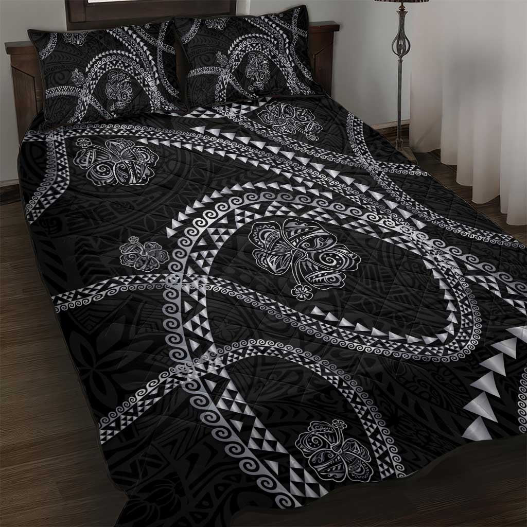 Hawaiian Kakau Art and Hisbiscus Tattoo Quilt Bed Set Tribal Pattern-Silver Style LT03 Black - Polynesian Pride